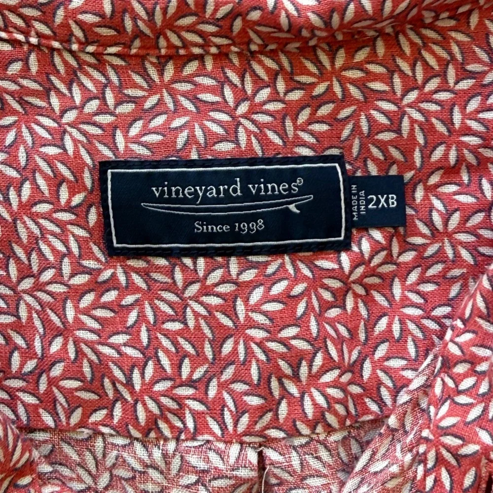 Vineyard Vines Button Down Mens 2XB Red Leaf Print Short Sleeve Shirt